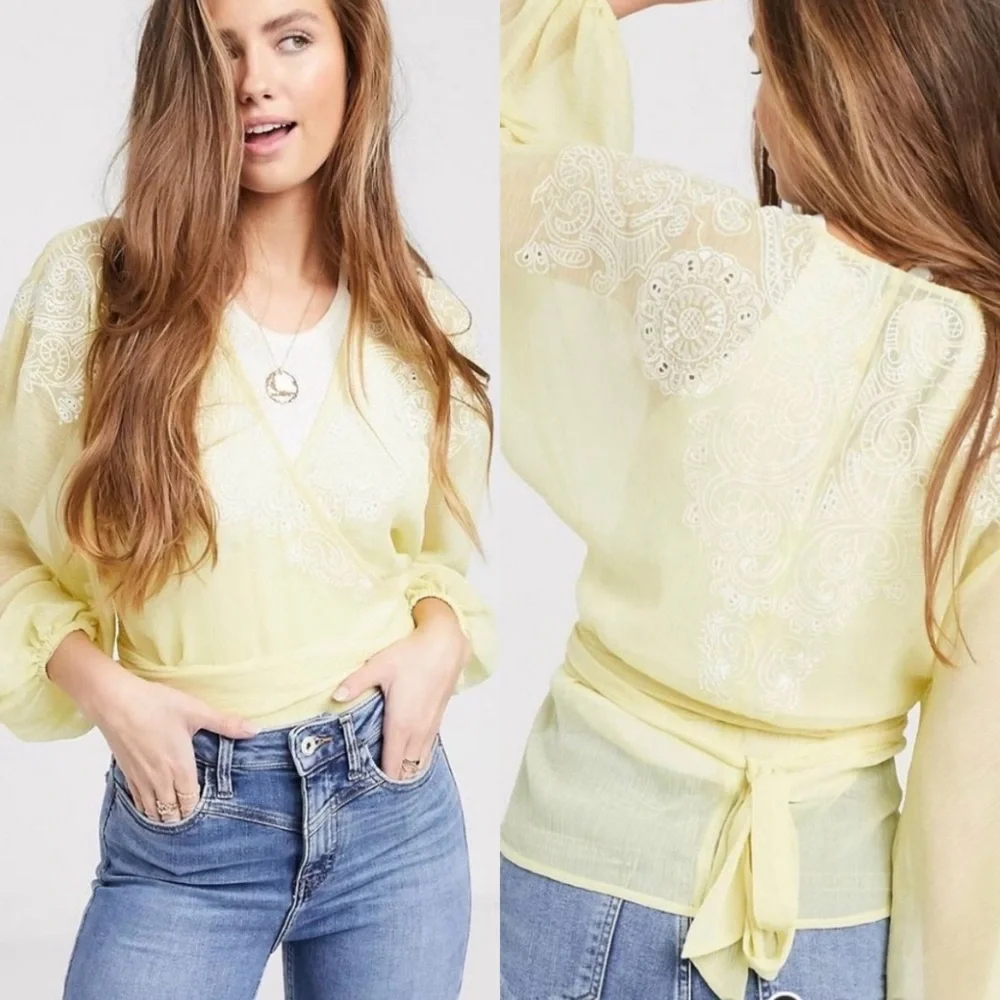 NWT ASOS Embroidered Wrap Long Sleeve Top Yellow